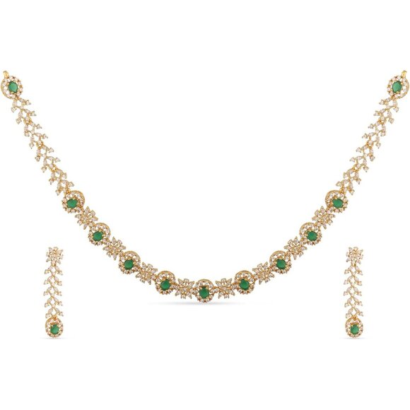 Yellow Gold Brass Short Necklace with White Cubic Zirconia Floral Design for Wom